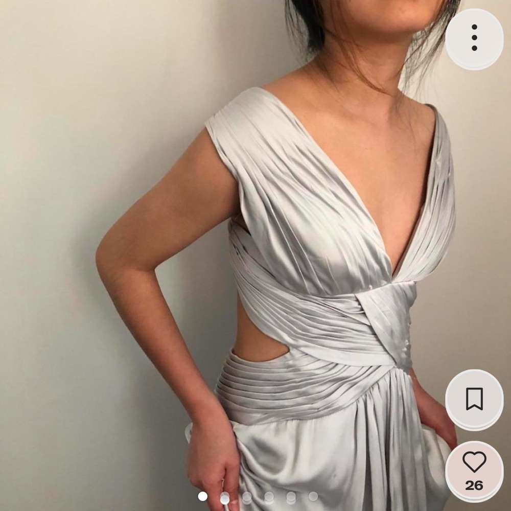 silver pleated wrap formal gown
